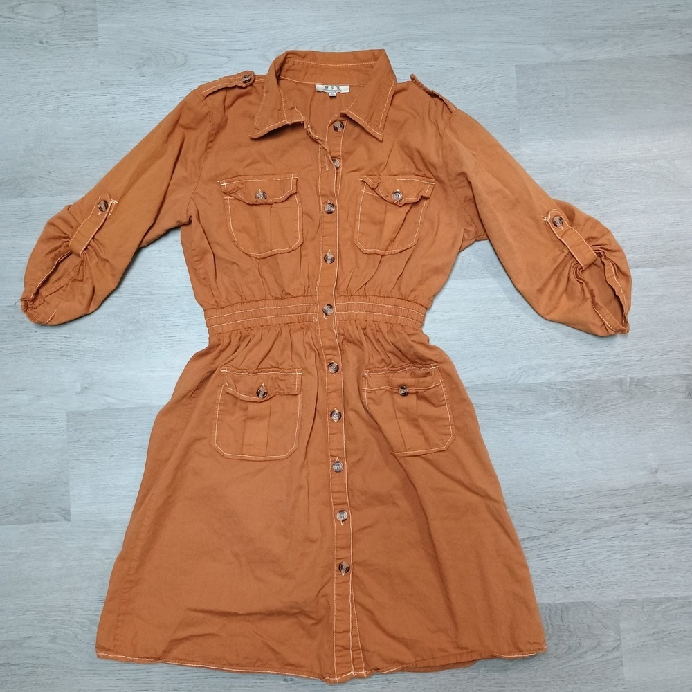 Mph Collection Orange Button Pocket Dress 3/4 Sleeve Above Knee Size Medium
